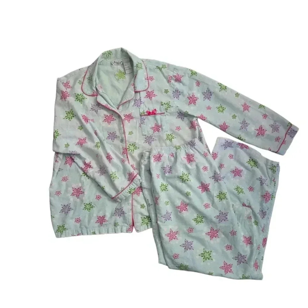 Vintage XL Flannel Pajamas Cotton Snowflake Sleepwear Set, Warm Winter PJs
